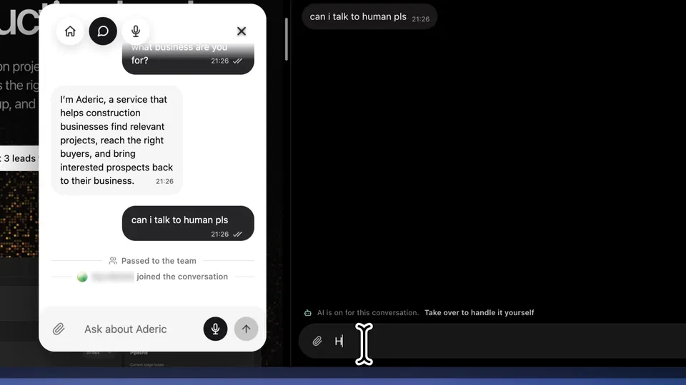 Support widget showing “Passed to the team” and a teammate joining, next to the OneTwoAgent inbox with the same conversation.