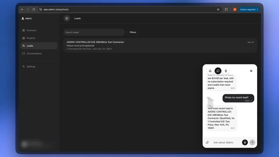 Aderic Leads page with one lead listed and the support widget open, answering “What’s my recent lead?” with that same lead.